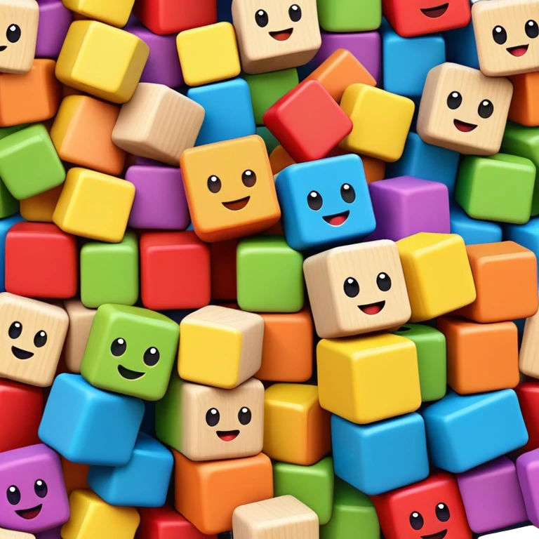 A stack of colorful toy blocks, each with adorable faces and expressions emoji