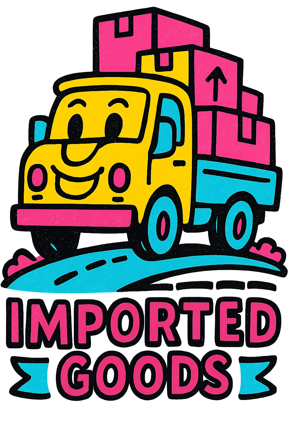 A cheerful icon of a truck driving on a highway with imported goods emoji