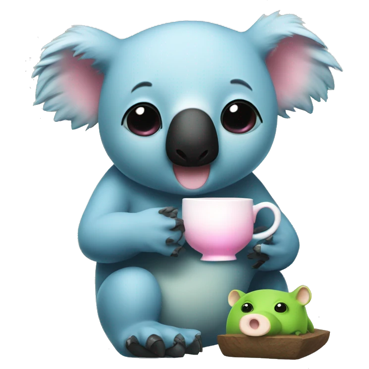 A bipedal blue koala with a white stomach and black eyes and nose having tea with a bipedal green pig with black eyes and a pink nose emoji