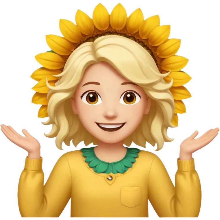 Big smile with open arms and sunflower petals as hair emoji