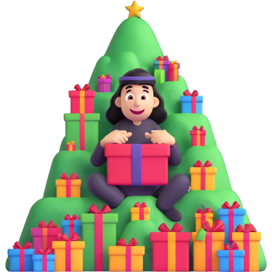 whimsical character buried under a mountain of colorful gifts, goofy and playful emoji