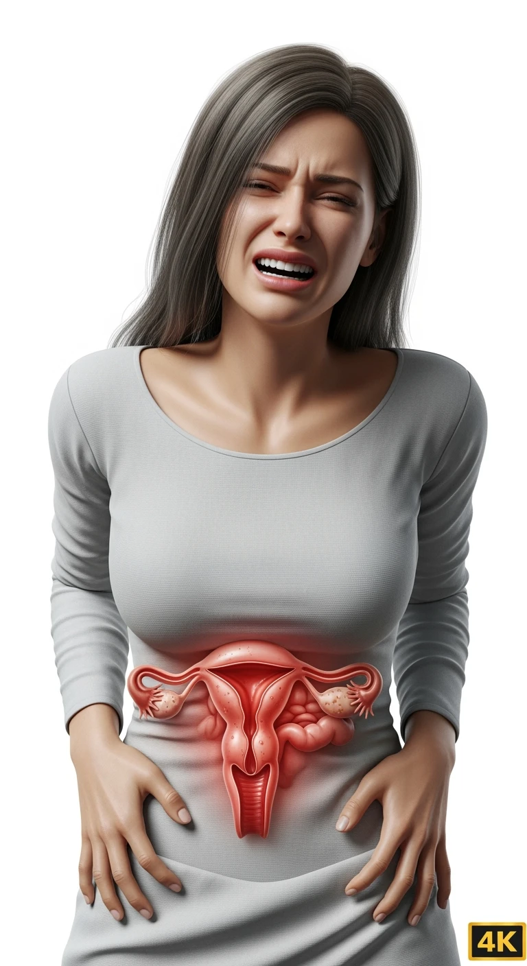 donna con utero umano realistico in evidenza dolorante, espressione di dolore in volto, sfondo bianco, non farla computerizzata, ma iperrealistica 4k emoji