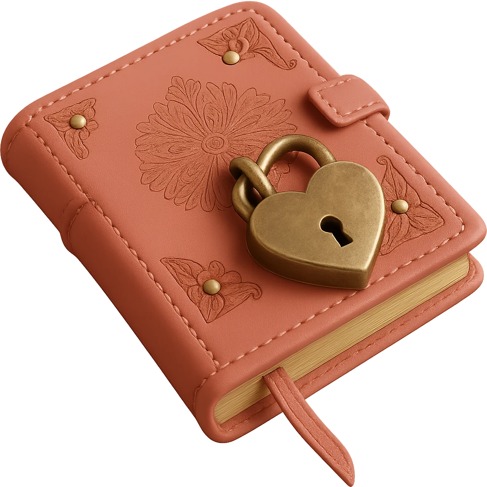 Add a heart-shaped lock to the pink leather-bound diary. Keep the background transparent. Make it realistic and detailed. emoji