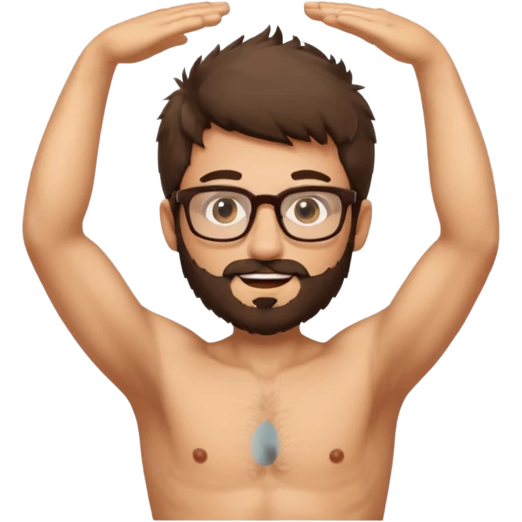 iOS emoji-style cartoon, light stubble, glasses, wide eyes, neutral skin tone, shirtless , very hairy chest , one arm up very hairy armpit emoji