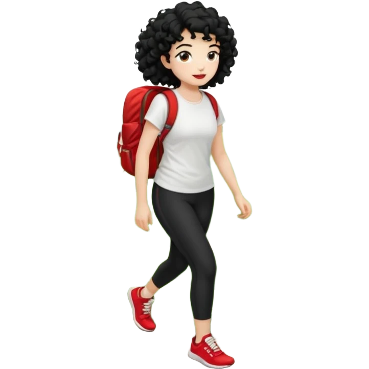 generate a pretty bratz fair skinned girl with curly black hair wearing a white tshirt trekking on a hill with red sneakers on and black leggings. Show HILLS around her emoji