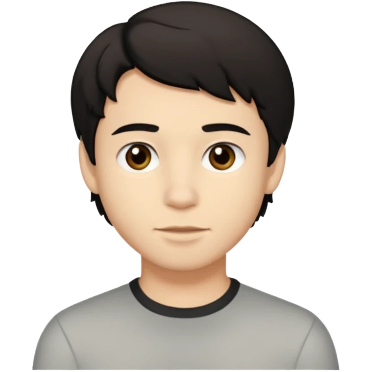 A young man with light skin tone, short wavy black hair parted to the side, large brown eyes, and a neutral expression with a small closed-mouth smile. emoji