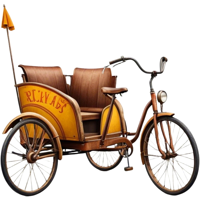 ​Cinematic Realistic Tricycle Rickshaw, depicted as a vintage manually operated vehicle featuring two front wheels and a single rear wheel, rendered with detailed rustic textures, vibrant colors, and dynamic urban lighting that captures its unique design and cultural charm, emoji