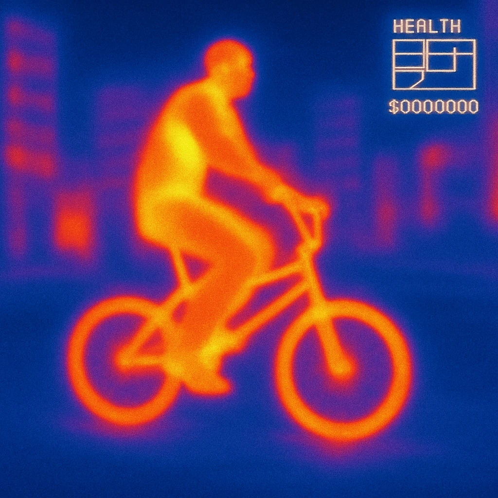CJ from GTA San Andreas riding a BMX in a city background with a map, and health and money indicators as in the game emoji