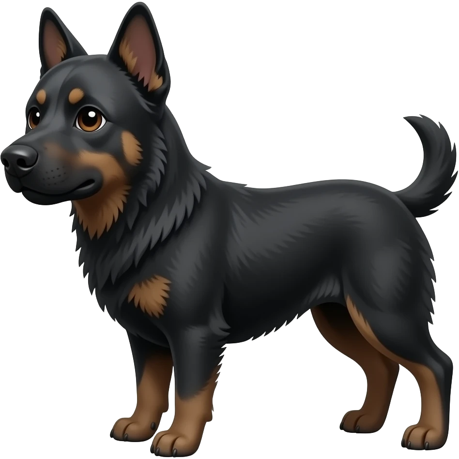 Totally black dog with a small Barrow head and upright ears , Long Hair and Blogger body emoji