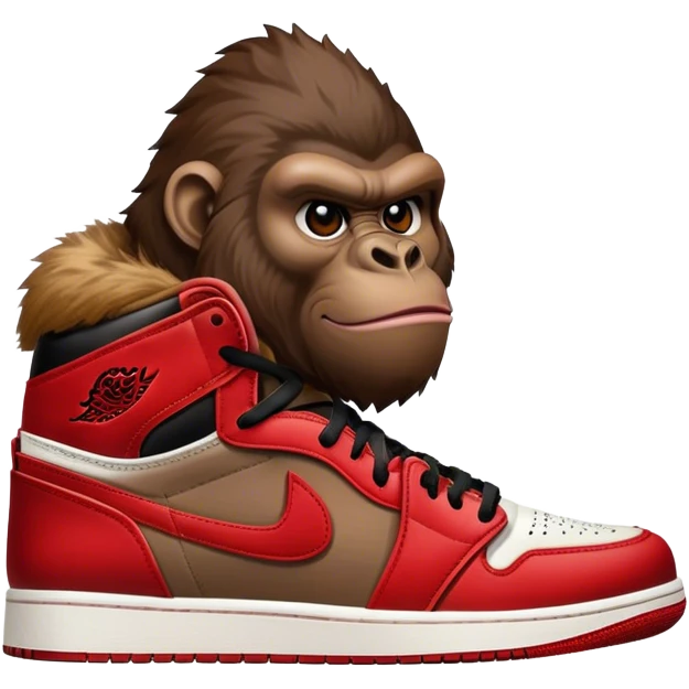 Make a fusion photo that combines an apple and a gorilla. The apple will be the body of the gorilla, and the hands of the gorilla will come out of the apple's sides. The apple will wear a pair of air Jordan 1's, red and white.  emoji