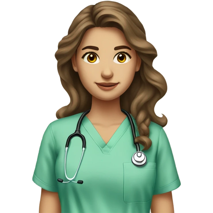 Water colour style image of a full view girl. She has long brown wavy hair, she is tanned with brown eyes and thick eyebrows. The girl is wearing light green scrubs and holding a stethoscope  emoji