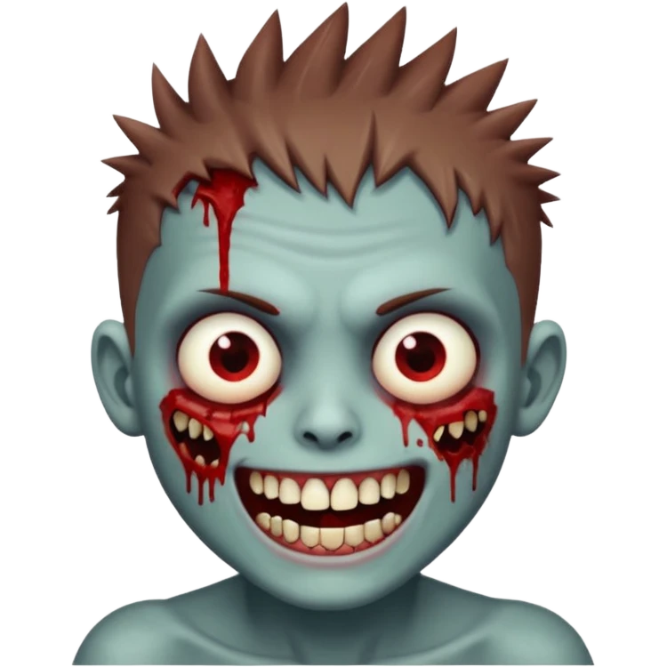 zombie boy with brown short spiky hair, white skin, and white eyes; an open smile, and bloodied teeth; emoji