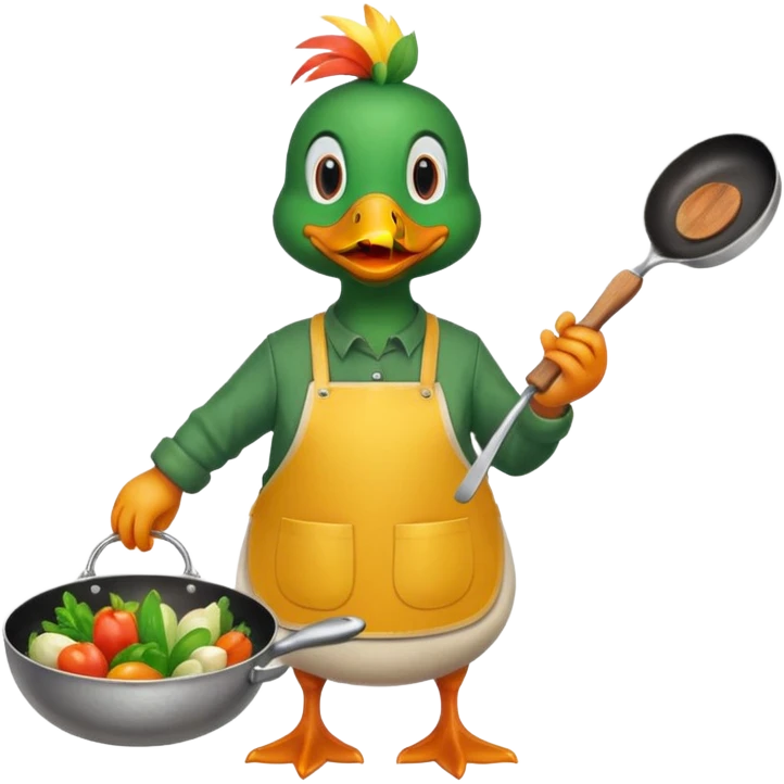 A duck holding a frying pan with vegetables, wearing green apron emoji