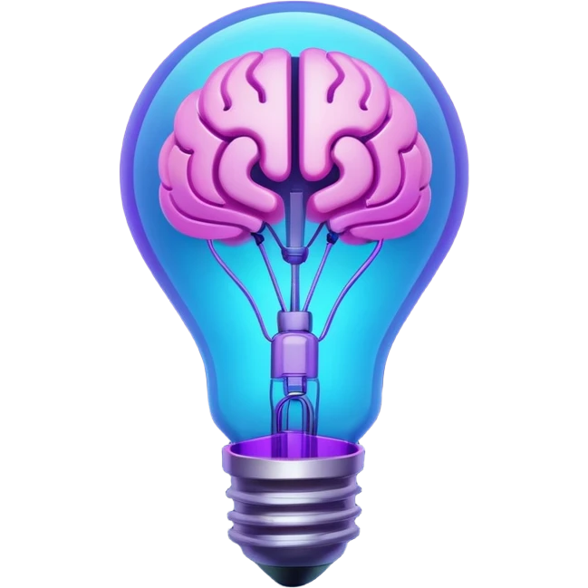 A stylized 3D emoji icon of a futuristic lightbulb. The filament inside is a glowing digital brain structure. The colors are a gradient of electric blue and purple neon light, with glowing edges. Minimalist, digital art aesthetic, emoji