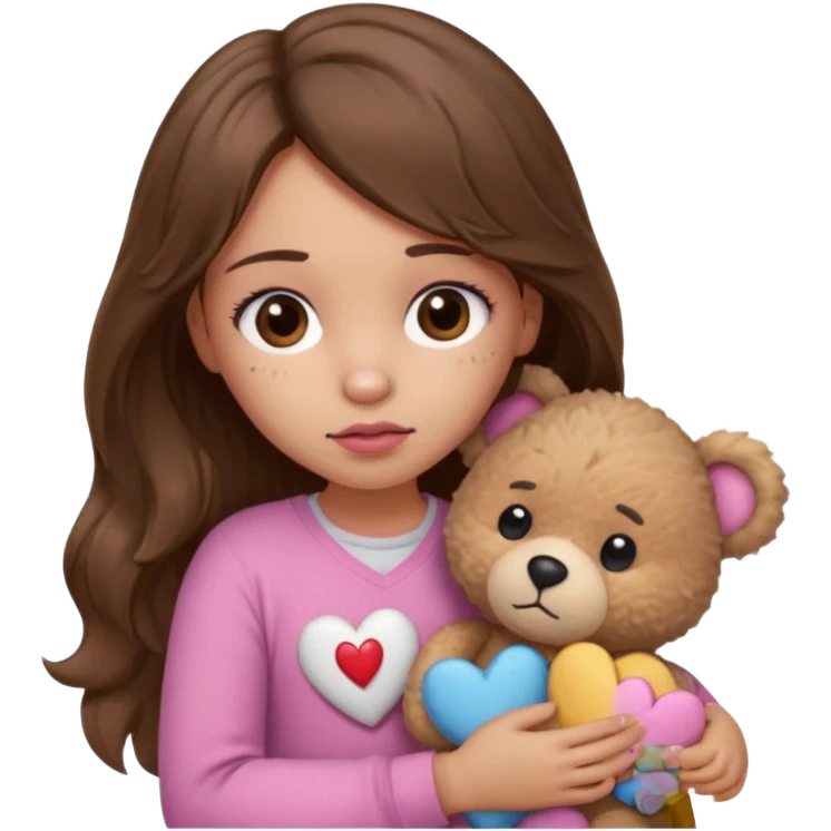 girl with long wavy brown hair, brown eyes, light to medium complexion, in a pink shirt, pink lips, long lashes, sad, hugging squeezing a teddy bear with bandaid hearts emoji