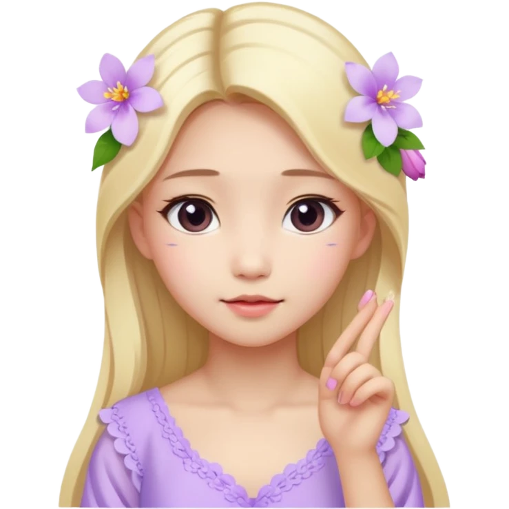 Asian girl with long blonde hair white skin makeup natural with flower in her ear, her dress is white and pink lil flowers  emoji