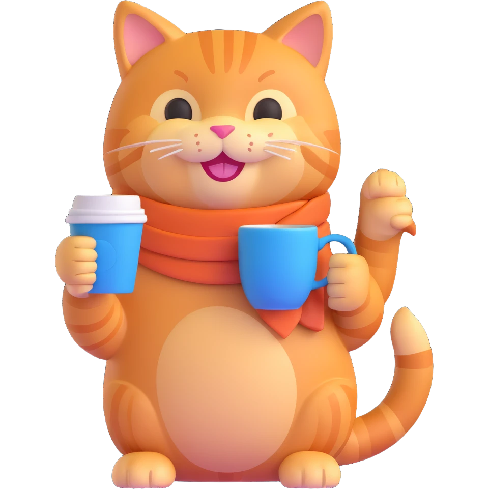 ginger cat holding a coffee cup, smiling emoji