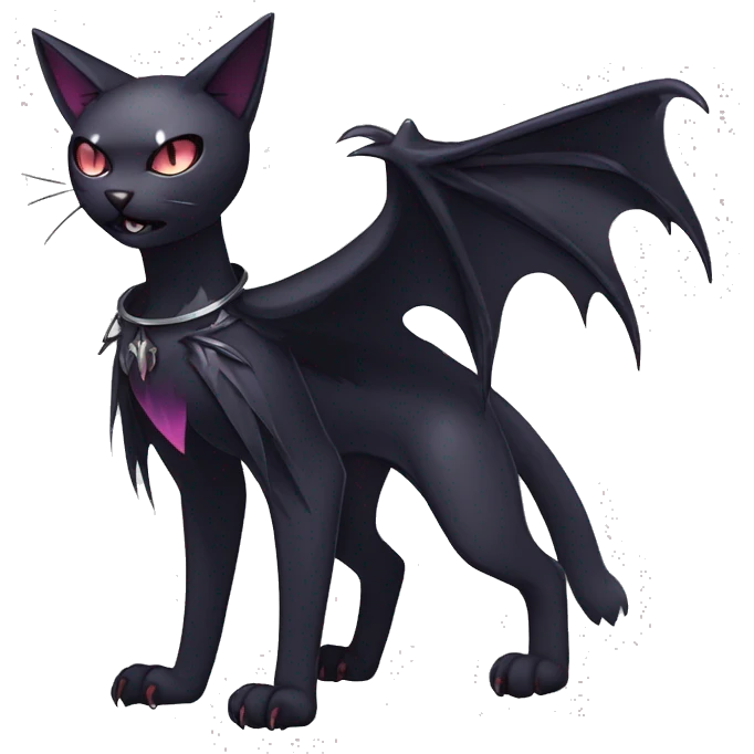   cool edgy beautiful anime-style ethereal dark-punk-themed animal vampiric cat-hybrid Fakemon with fangs and bat-wing-ears with a collar full body emoji