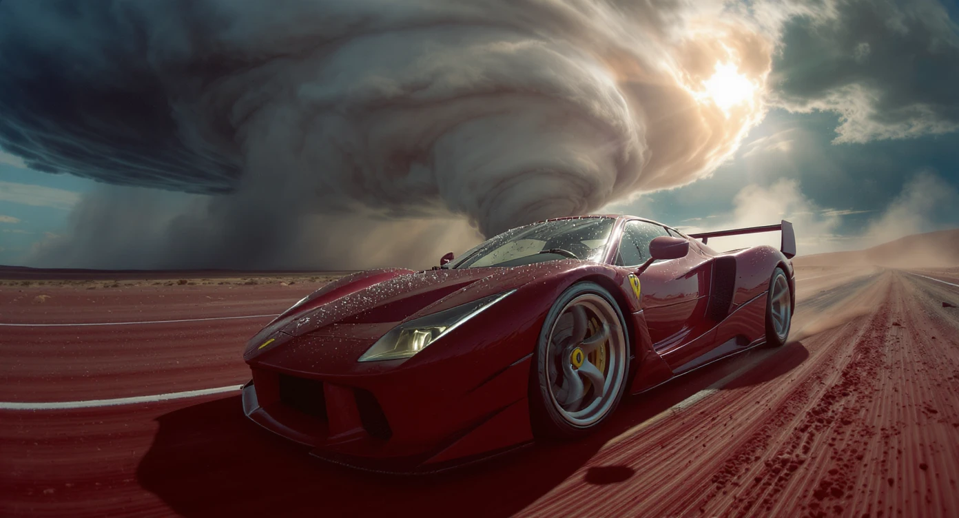Cinematic still of a ferrari f40 around tornado od arizona desert, sun flare, captured by gopro hero with effect fisheye, water drops on car body, detailed, inspired by interstellar look, captured by a RED Weapon 8K emoji