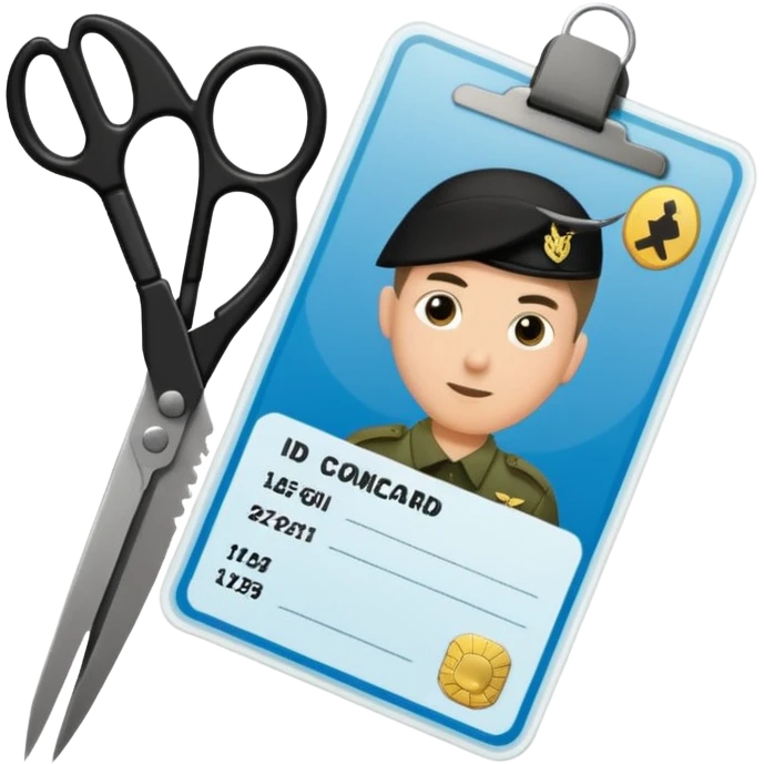 Floating black Scissors cutting in half an idf soldier ID card with a little chip in 2 parts emoji