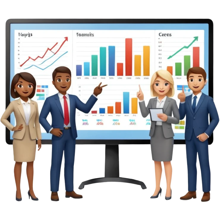 group of people pointing at a digital presentation screnn full of charts and graphs emoji