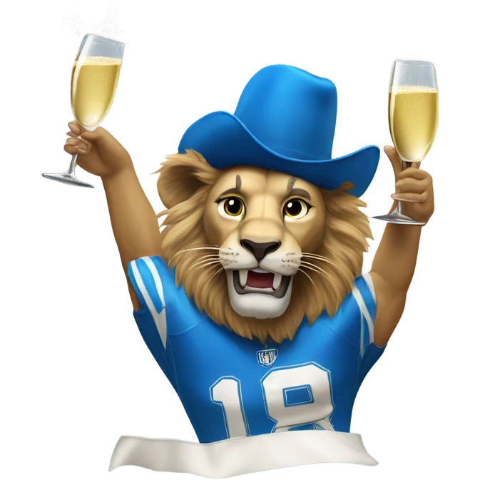 Lion head wearing blue football jersey popping champagne  emoji