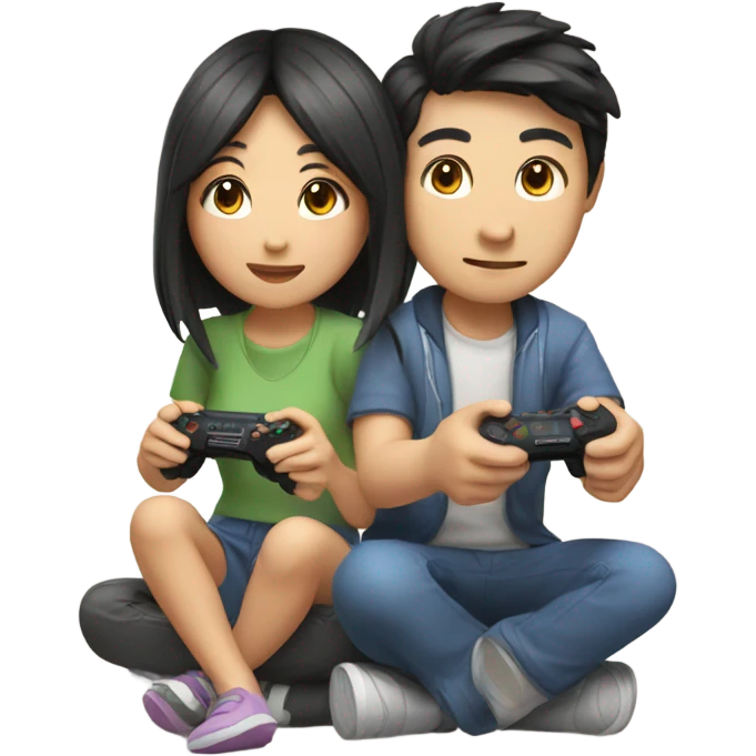Cute asian couple playing video games emoji