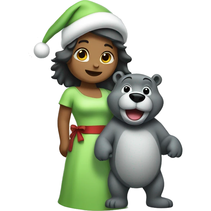 Santa wearing light green dress and hat holding a baloo emoji