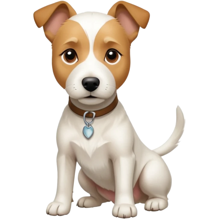 a full body facing front on of a buff white parson russell terrier looking dog the size of a kelpie with light brown long ears resting on its face and a light brown patch on one eye and a large snout. the rest of the dog is completely white.  emoji