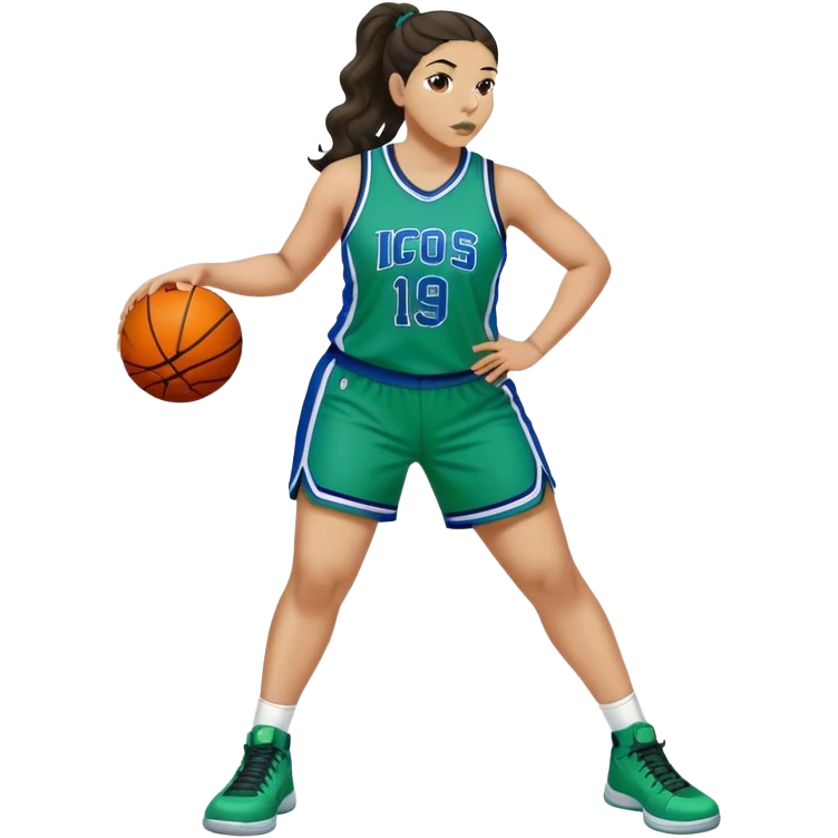 full body plus size light skin latino women basketball player with wavy dark hair in pony tail wide nose wearing green and blue uniform emoji