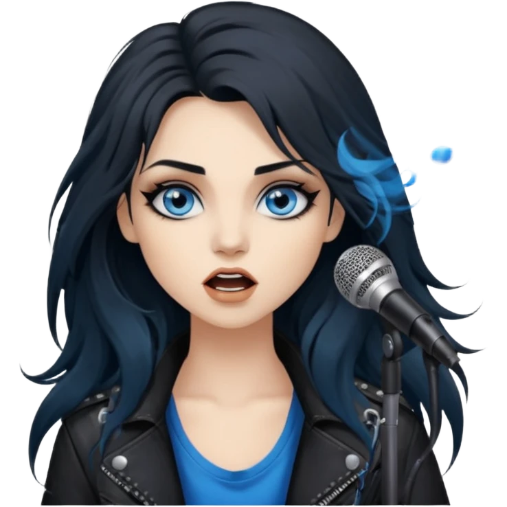 
 rockstar girl with long black disheveled hair, blue eyes, Smokey eyes grunge makeup, singing  emoji
