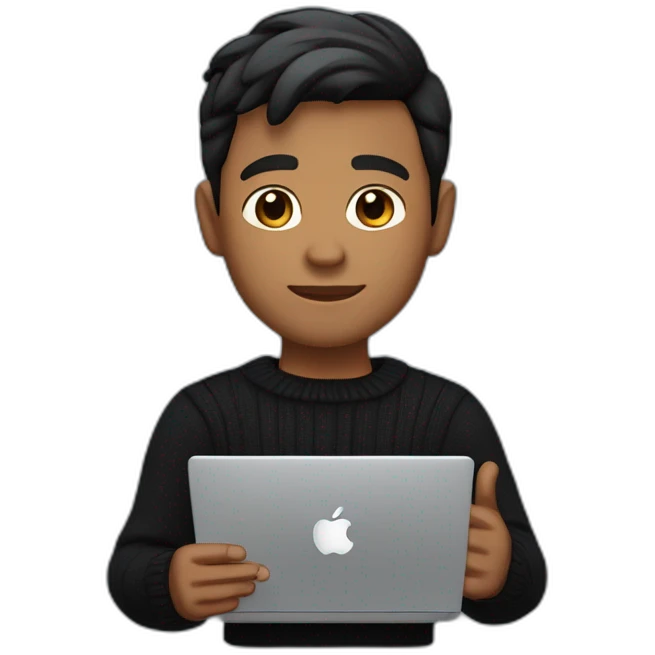     memoji of a man with a laptop in front, apple-style,modern,dark hair,black sweater,computer in hand, srilankan brown skin, an avatar image gonna be round  emoji
