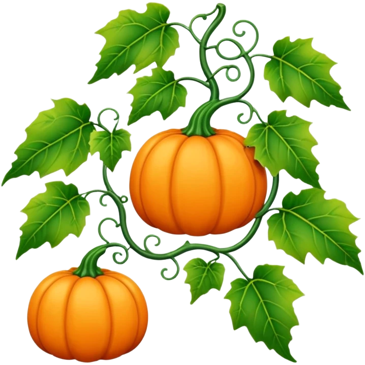 Orange autumn pumpkin with green vines and leaves emoji