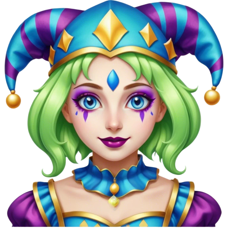 Cinematic chibi style girl in dressed like a Jester, very large glistening blue eyes, Ultra realistic 32k HD, Breathtaking piece of art, rim lighting, hauntingly beautiful art, vibrant colors, Balanced features, highly detailed digital artwork, glowing with silver light, glowing, high shine, deviant adoptable, highly detailed clothing, remembrance, a painting of white silver, fanciful, enchanting, ghostly, embodying the essence of both reality and fantasy, dreamy, dreamy glow, optical illusion, immaculate composition, complex pose, air composition. The image is so lifelike that it feels as though it could leap off the canvas at any moment emoji