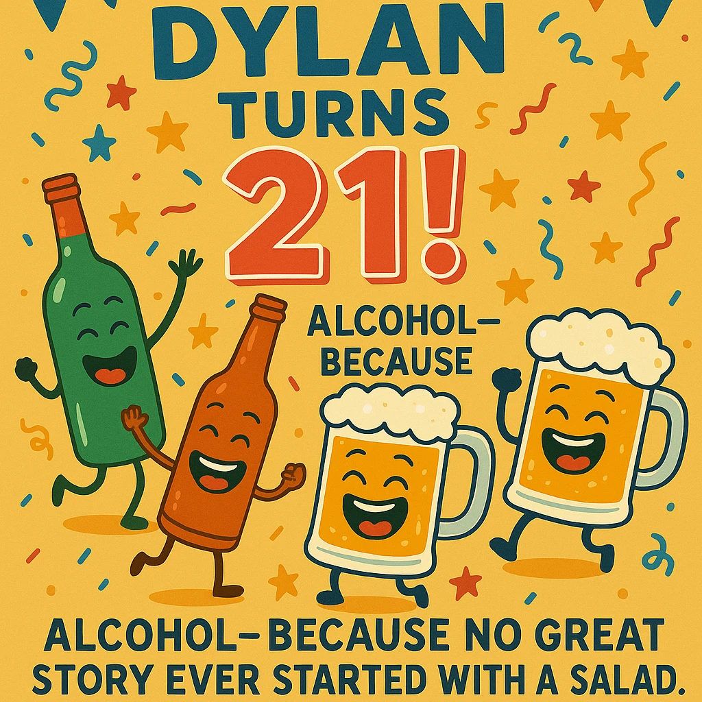 Add the funny drink quote: 'Alcohol—because no great story ever started with a salad.' Keep all original graphics and style. emoji