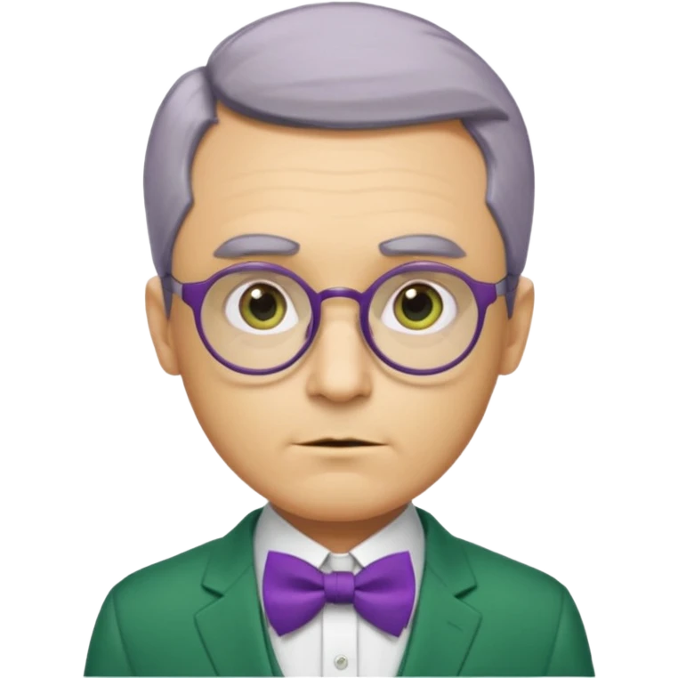 yellow-skinned man with neatly parted brown-gray hair, thick rectangular eyebrows, large round eyes behind thin glasses, a pointed nose, and a green suit with a white collar and purple bow tie. emoji