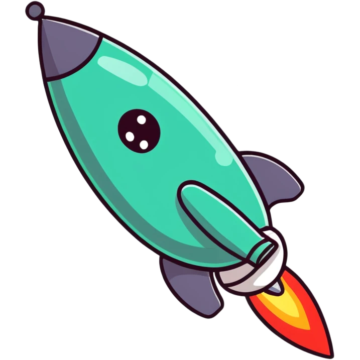 A cartoon rocket toy with stars, a happy expression and little arms emoji