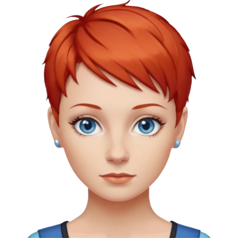 27 year old white woman, red hair, pixie cut, blue eyes emoji