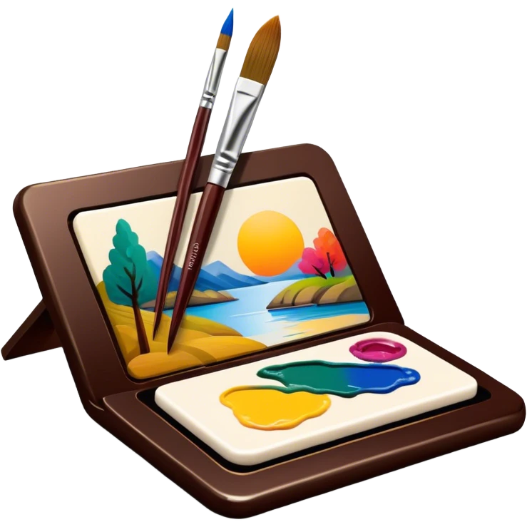 Lacquer miniature making icon, small painted scene in progress on lacquered surface, fine brush strokes, vibrant colors, paintbrush and palette, intricate details, minimalistic style, clean lines, transparent background. emoji