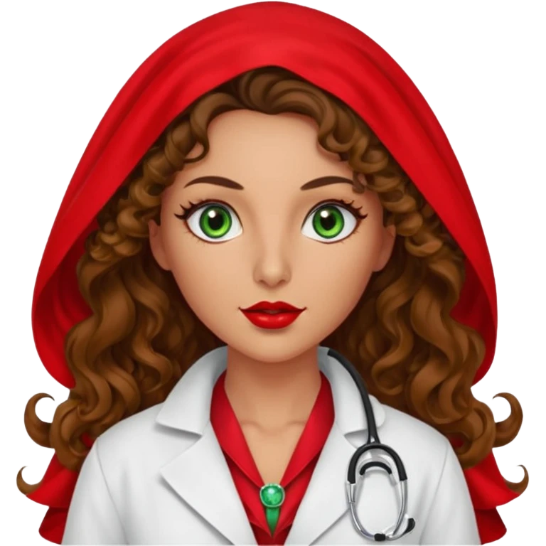 Spanish sexy evil woman. She has green eyes.  had brown long curly hair.  evil surgeon kills with needle wears red sexy doctor coat with red Juliet veil on her mouth and nose ONLY to hide and wearing red gloves. Hair is free and flowing long  emoji