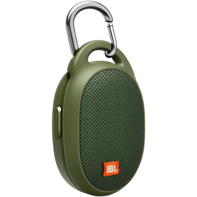 Super simplified JBL Clip 4 speaker, abstract oval shape with tiny carabiner and minimal green camo dots, iOS emoji style emoji