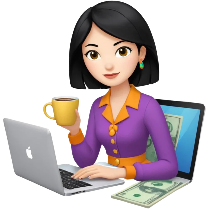  woman character with laptop and coffee in Paris, dollars coming out from the screen floating, colorful chic outfit, white laptop, Pixar style, black hair, fair skin,  emoji