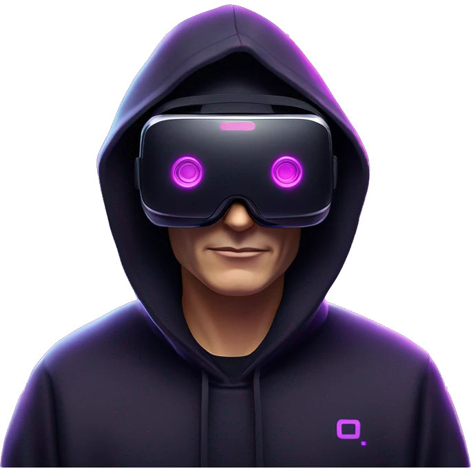 Vladimir Putin wearing a black hoodie with "OMG" letters on it and VR headset oculus quest 2 in a cyberpunk VR environment with violet neon lighting. emoji