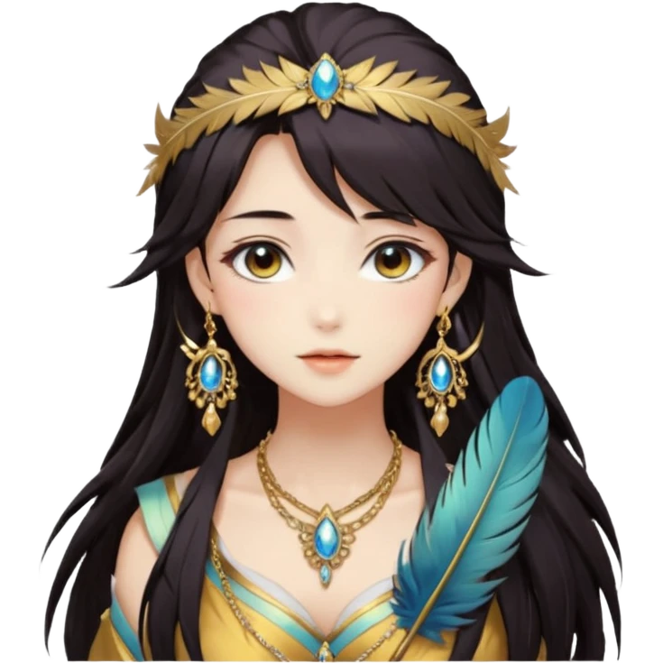 Beautiful gorgeous anime lady with beautiful dark-brown-special-hair, fashion aesthetic, ethereal, feather, accessories, gold jewelries, gold, colorful,  emoji