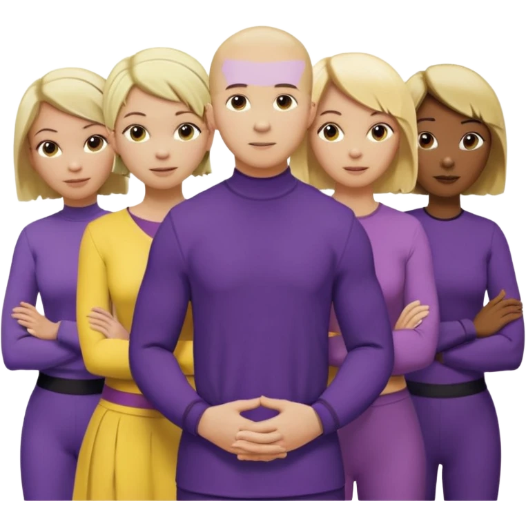 5 person team; 2 men and 3 women.  All dressed in yellow or purple.  1 caucasian woman with blonde mid length hair. 1 caucasian woman with blonde short length hair. 1 caucasian woman has ash blonde hair tied up. 1 man is African-american and bald, 1 man is caucasian and very little hair left.  
 emoji