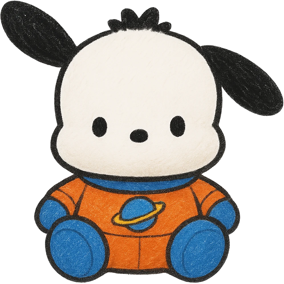 Make Pochacco white with black ears, wearing an orange and blue space suit, keep plushy Popmart doll style, cute and playful, no background. The style should reflect a plushy Popmart doll look, cute and playful. emoji