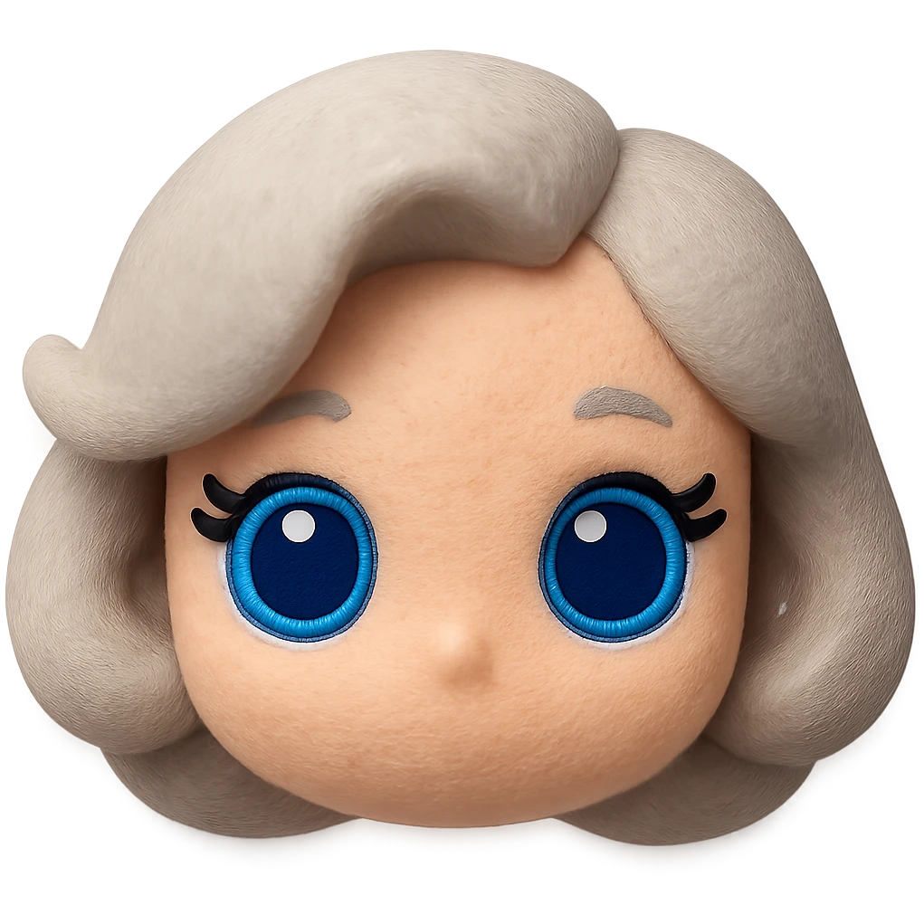 Remove any neck or body, make the blue eyes more vibrant and lively, keep soft fleece texture, pure silver grey hair styled in a 1940s bob, cute plush-style eyelashes, no mouth, no white border, transparent background. Maintain a cute plush style with soft fleece texture and vibrant blue eyes. emoji