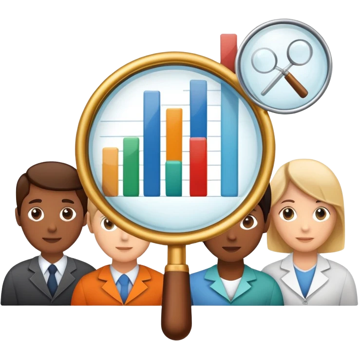 An icon featuring a group of diverse people, interconnected by lines, symbolizing sociology. The design includes a magnifying glass and a bar chart, representing the study of societies and social structures. Transparent background highlights the analysis of human behavior and social dynamics. emoji