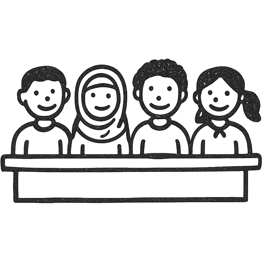multicultural class of students, minimalistic, green gold and white color scheme, clean lines emoji