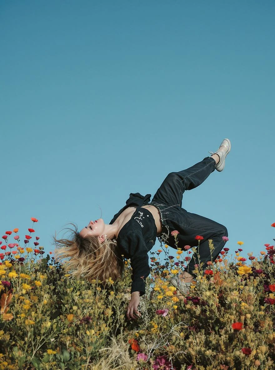 Cinematic still of a woman falling down around colorfull flowers wearing alternative fashion, blue sky minimalistic background emoji